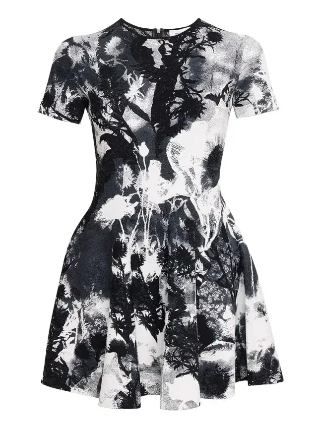 Floral Jacquard Short-Sleeve Mini Dress Floral Jacquard Short-Sleeve Mini Dress