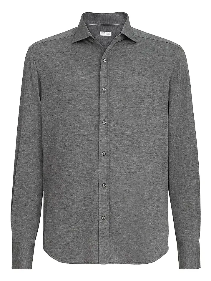 Men's Silk and Cotton Lightweight Jersey Shirt with Spead Collar - Dark Grey Men's Silk and Cotton Lightweight Jersey Shirt with Spead Collar - Dark Grey