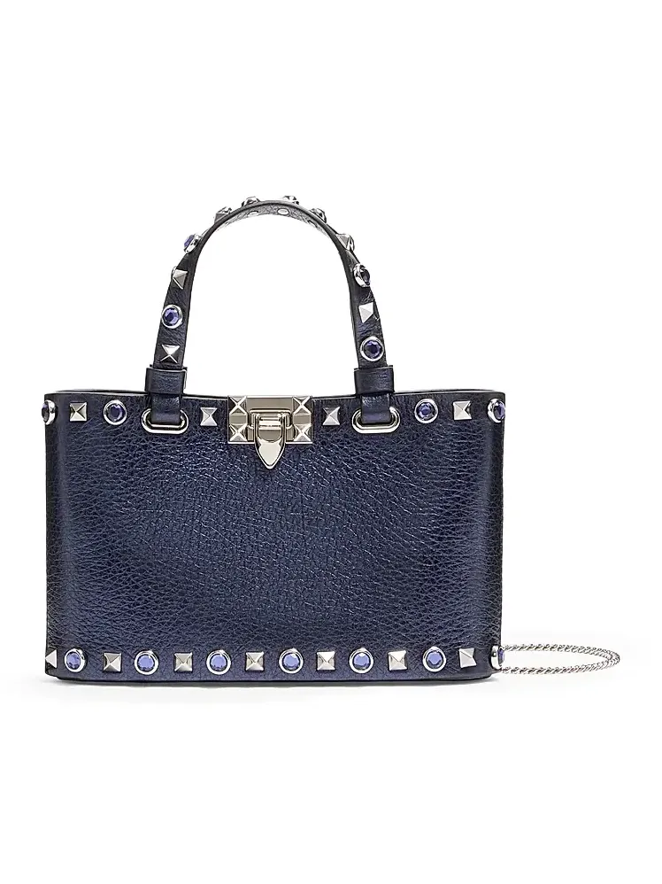 Women's Rockstud Mini Shopping Bag in Laminated Calfskin - Navy