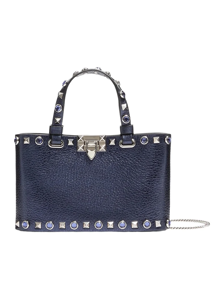 Women's Rockstud Mini Shopping Bag in Laminated Calfskin - Navy Women's Rockstud Mini Shopping Bag in Laminated Calfskin - Navy
