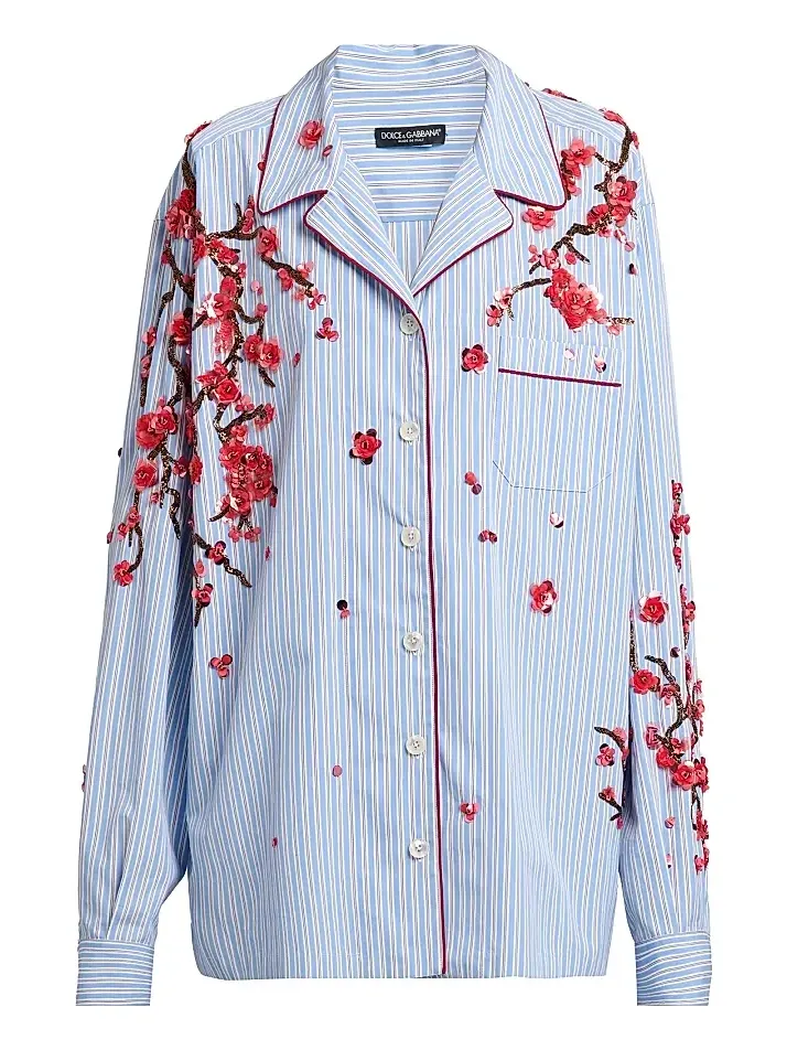Women's Oversized Floral-Embellished Striped Cotton-Silk Shirt Women's Oversized Floral-Embellished Striped Cotton-Silk Shirt