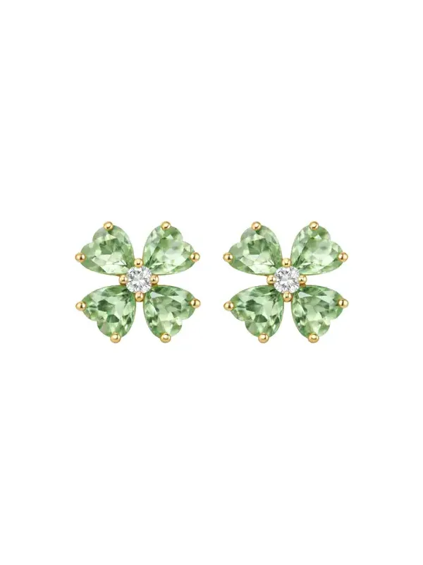 3.3ct Diamond Green Amethyst 18K Gold Heart Cut Clover Stud Earrings 3.3ct Diamond Green Amethyst 18K Gold Heart Cut Clover Stud Earrings