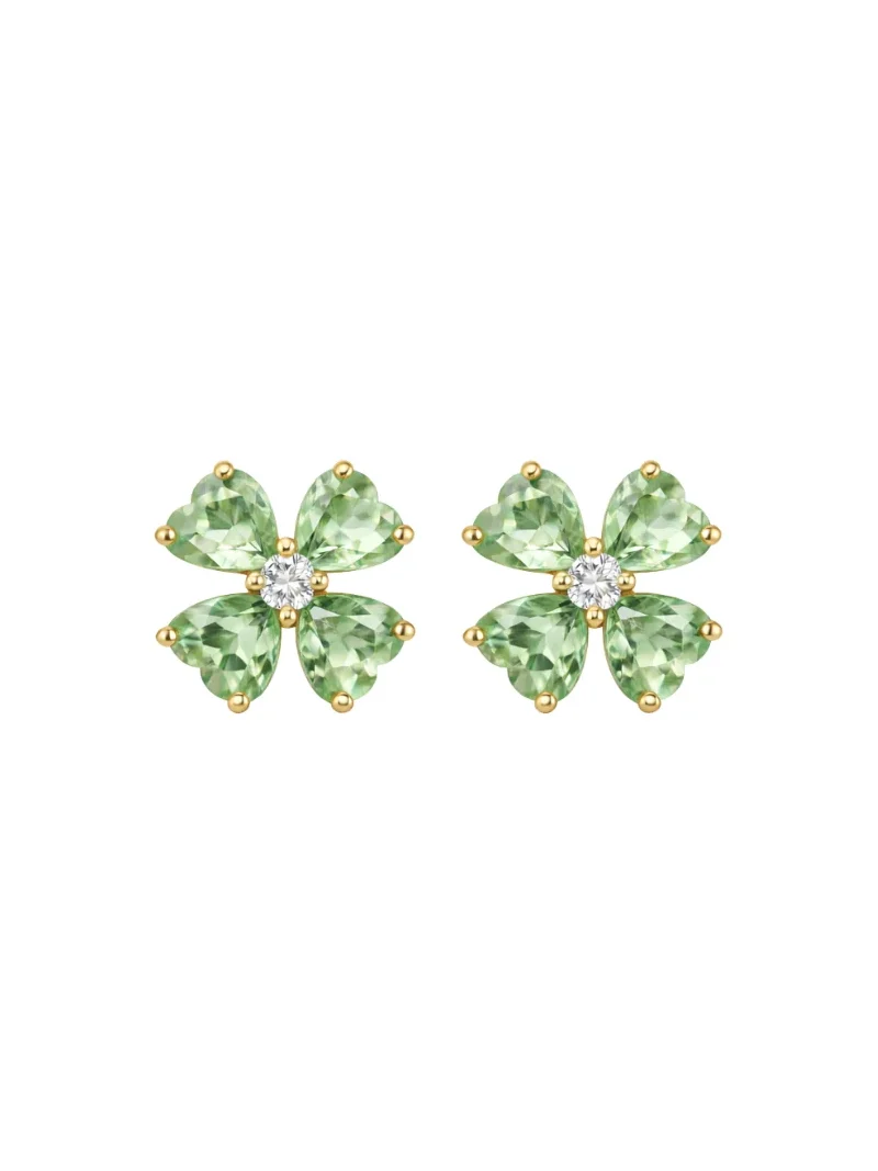 Wish Fine Jewelry 3.3ct Diamond Green Amethyst 18K Gold Heart Cut Clover Stud Earrings