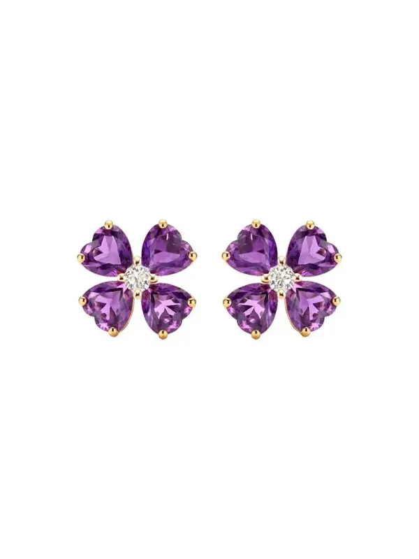 3.96ct Diamond Amethyst 18K Gold Flower Stud Earrings