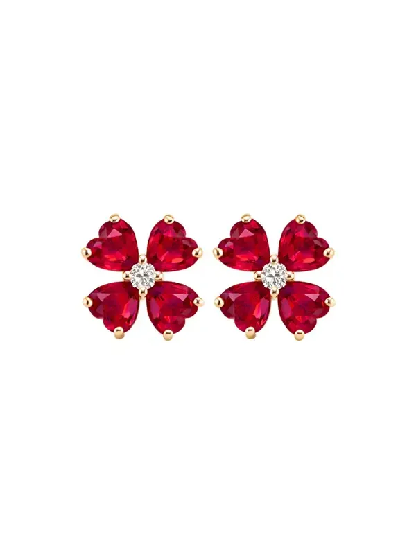 4.15ct Diamond Ruby 18K Gold Heart Cut Clover Stud Earrings