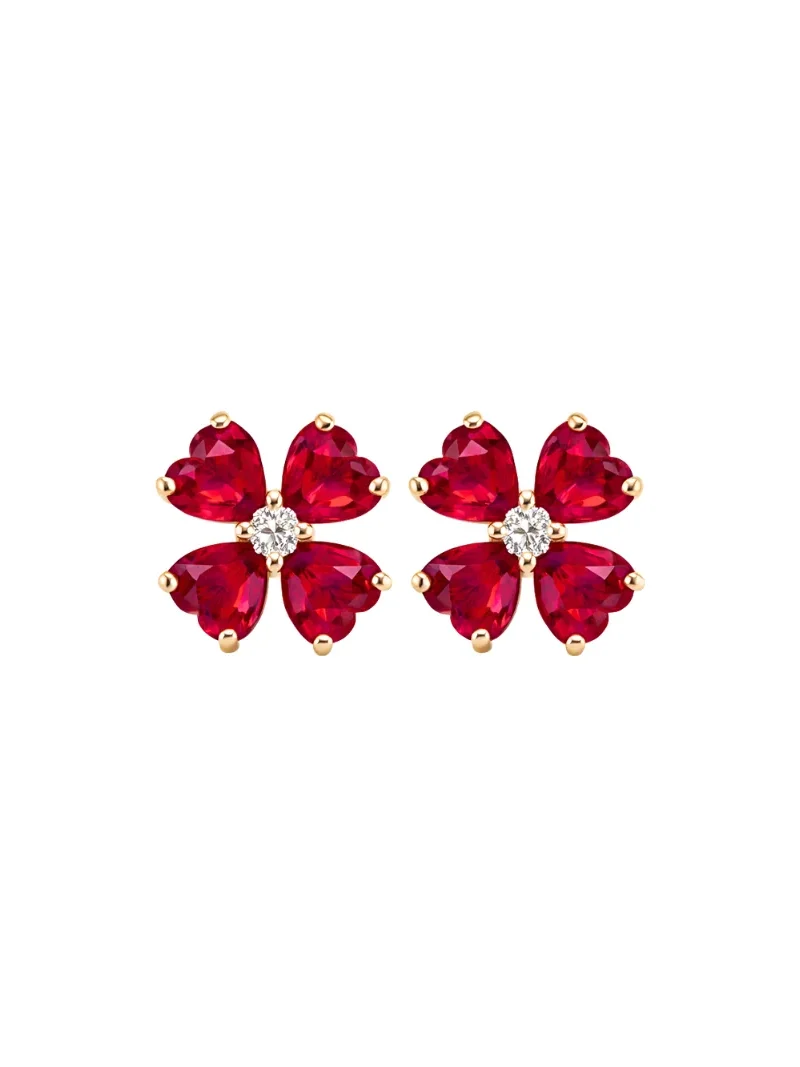 Wish Fine Jewelry 4.15ct Diamond Ruby 18K Gold Heart Cut Clover Stud Earrings