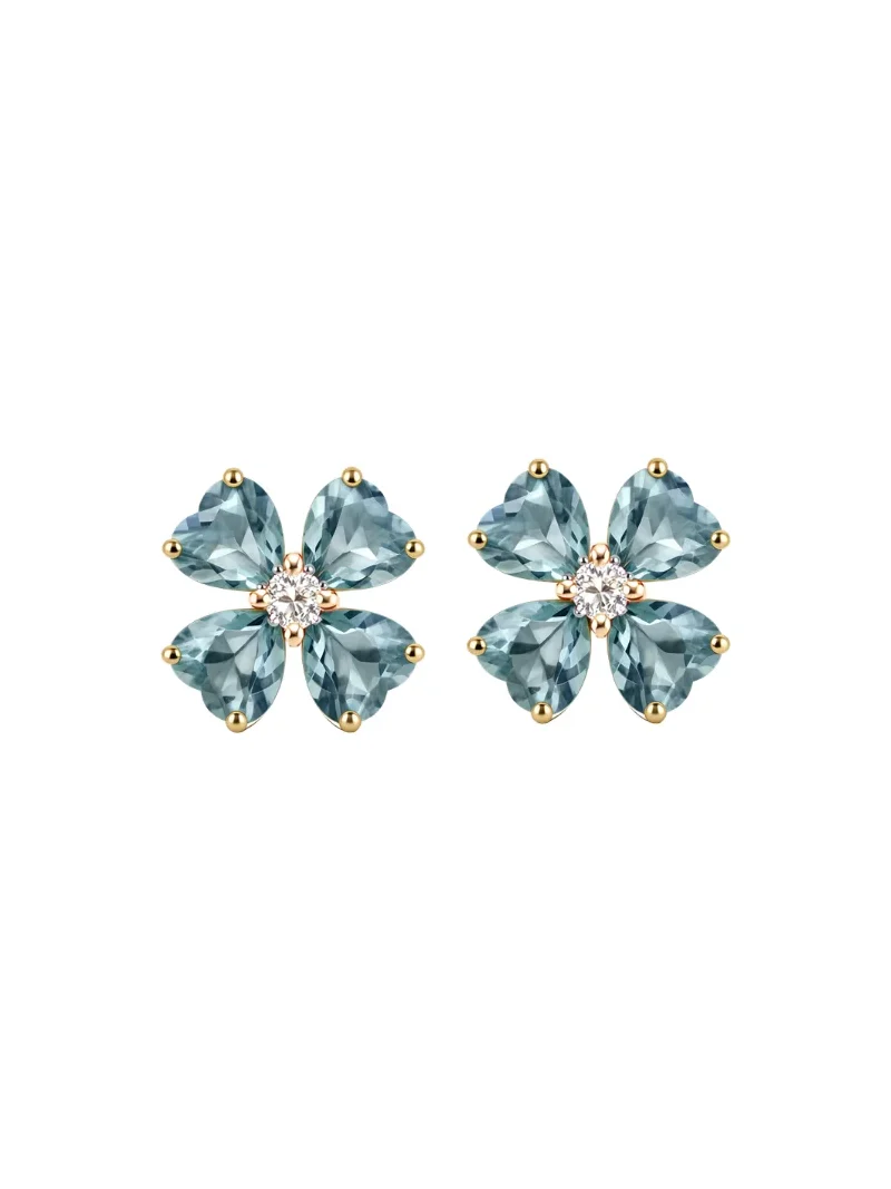 5.18ct Diamond Blue Topaz 18K Gold Heart Cut Clover Stud Earrings