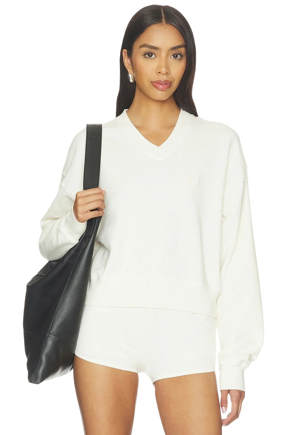 ÉTERNE Lightweight French Terry Cropped V-neck Sweatshirt