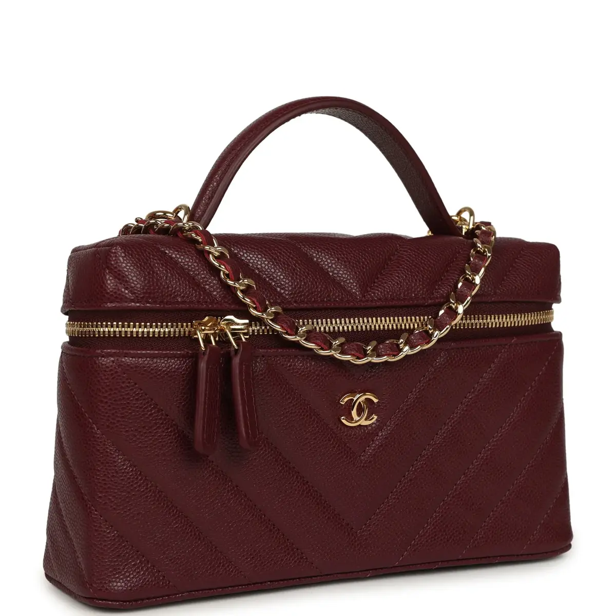 Chanel Chanel Chevron Top Handle Long Vanity Case with Chain Dark Burgundy Shiny Caviar Gold Hardware | Thumbnail 2 Chanel Chanel Chevron Top Handle Long Vanity Case with Chain Dark Burgundy Shiny Caviar Gold Hardware | Thumbnail 2
