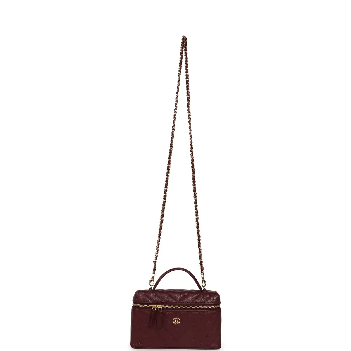 Chanel Chanel Chevron Top Handle Long Vanity Case with Chain Dark Burgundy Shiny Caviar Gold Hardware | Thumbnail 7 Chanel Chanel Chevron Top Handle Long Vanity Case with Chain Dark Burgundy Shiny Caviar Gold Hardware | Thumbnail 7
