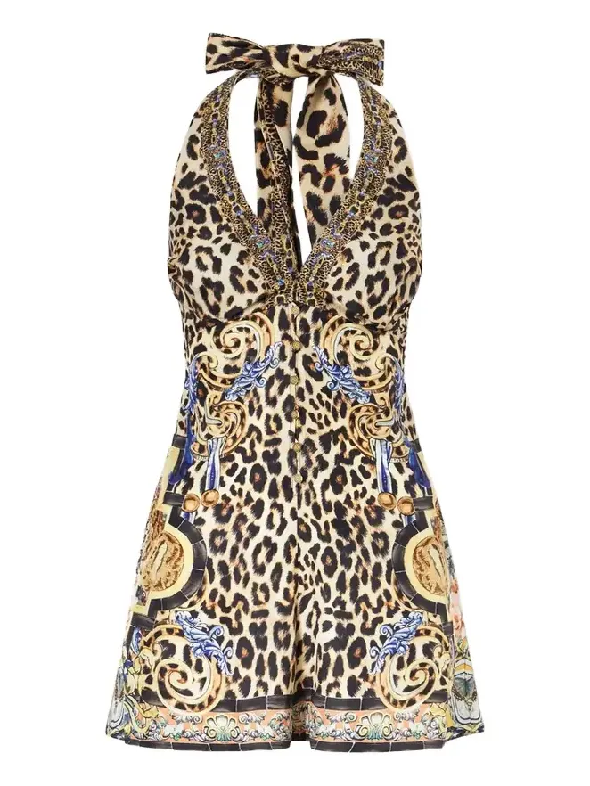 Camilla Embellished Printed Silk Halterneck Playsuit