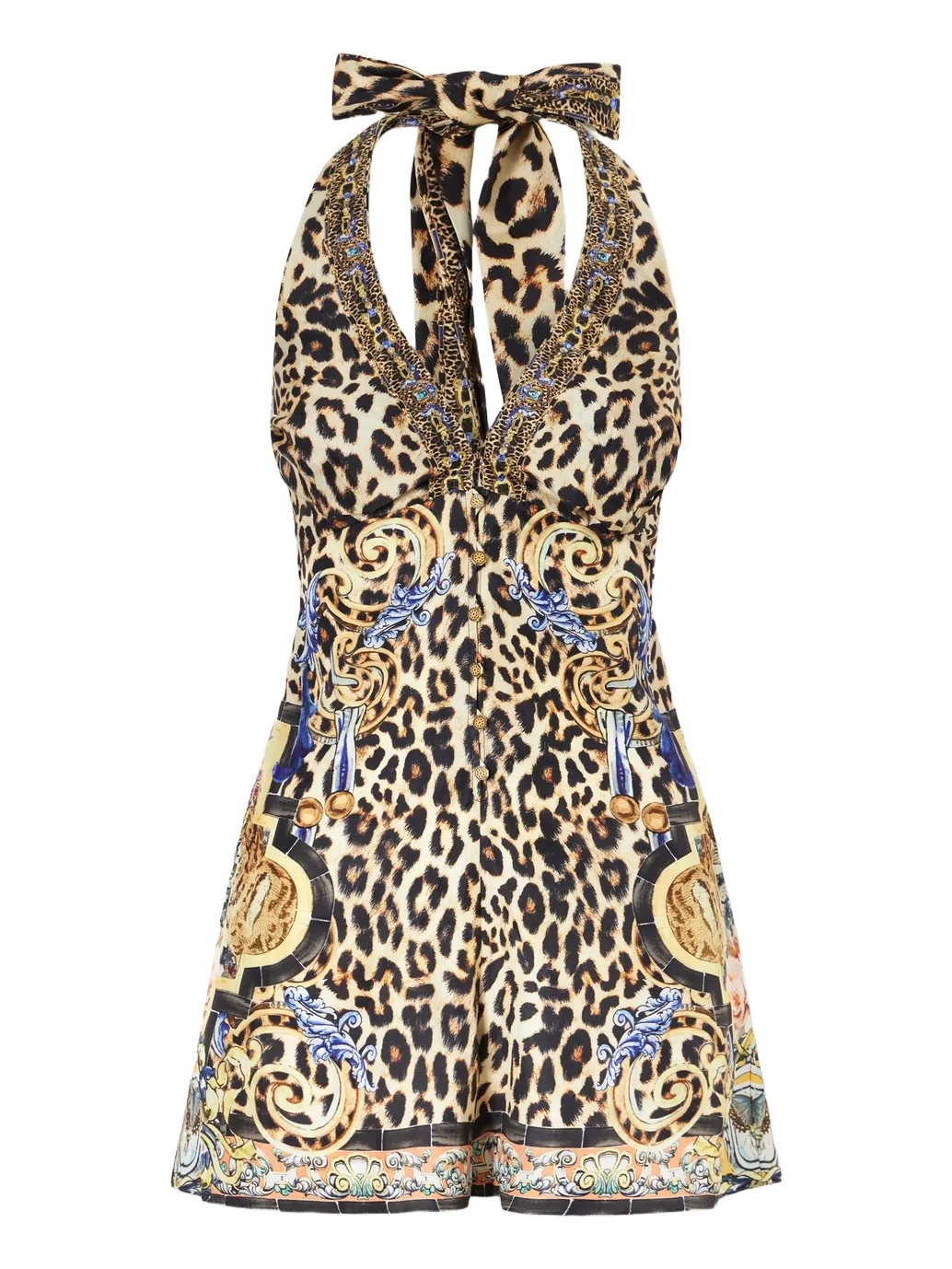 Embellished Printed Silk Halterneck Playsuit Embellished Printed Silk Halterneck Playsuit