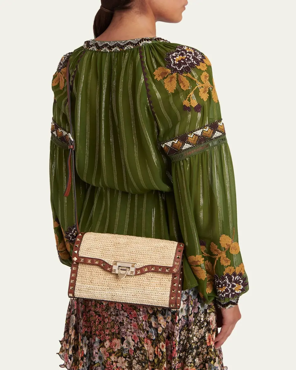 Valentino Garavani Small Rockstud-Trim Viscose Raffia Crossbody Bag | Thumbnail 2
