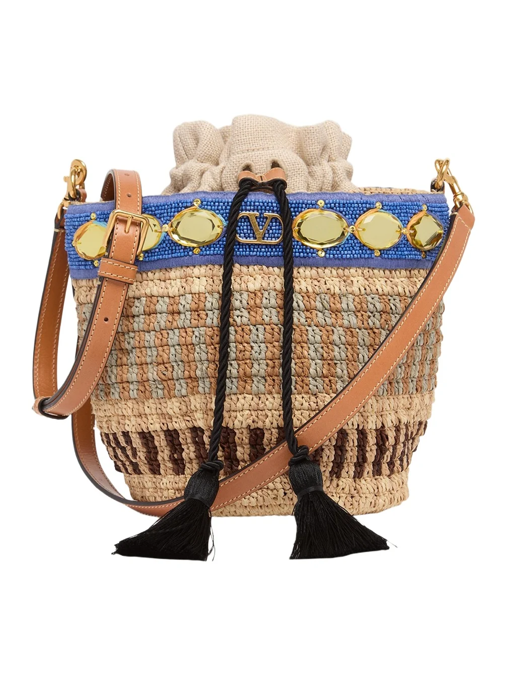 Small Viscose Raffia Beaded Bucket Bag Small Viscose Raffia Beaded Bucket Bag