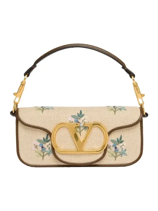 Small Floral-Embroidered Woven Flax Shoulder Bag Small Floral-Embroidered Woven Flax Shoulder Bag