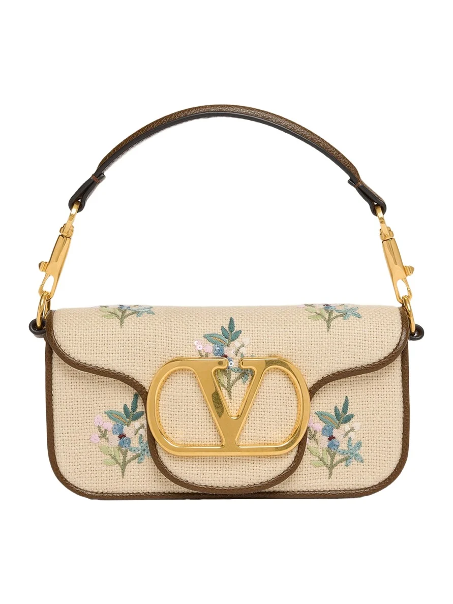 Small Floral-Embroidered Woven Flax Shoulder Bag Small Floral-Embroidered Woven Flax Shoulder Bag