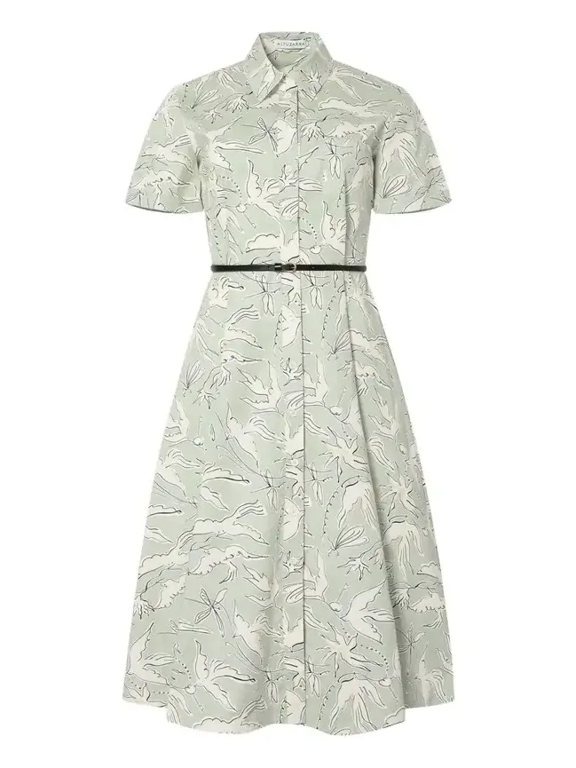 Kieran Bird-Print Cotton Belted Midi Shirtdress