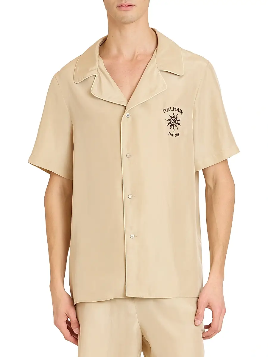 Balmain Men's Sun Embroidered Silk Shirt - Beige Clair Marron | Thumbnail 3