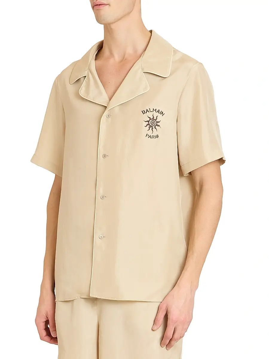 Balmain Men's Sun Embroidered Silk Shirt - Beige Clair Marron | Thumbnail 4