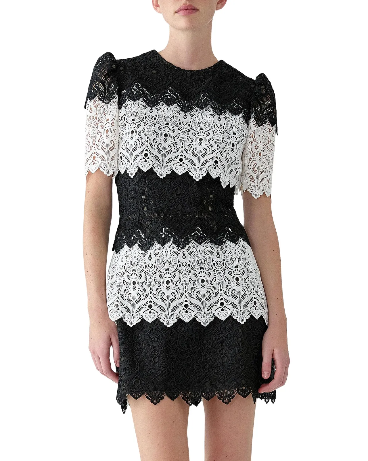 Tiered Colorblock Lace Short-Sleeve Mini Dress