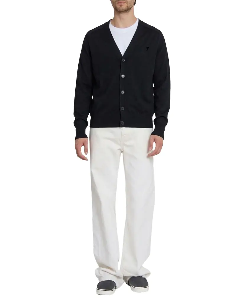 Ami Paris Men 's Tonal Embroidered Ami De Coeur Wool Knit Cardigan | Image 1 Ami Paris Men 's Tonal Embroidered Ami De Coeur Wool Knit Cardigan | Image 1