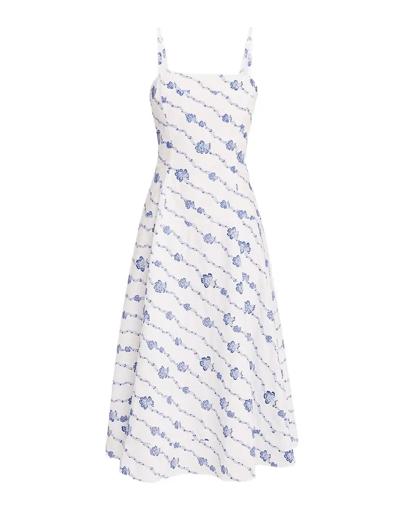 Rosie Assoulin Drop Me A Note Embroidered Poplin Sleeveless Midi Dress | Image 1 Rosie Assoulin Drop Me A Note Embroidered Poplin Sleeveless Midi Dress | Image 1