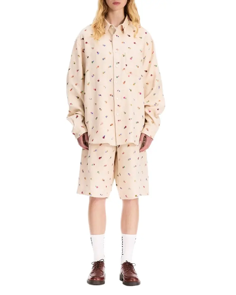 vowels Men 's Linen Blend Floral Embroidered Button-Down Shirt | Image 1 vowels Men 's Linen Blend Floral Embroidered Button-Down Shirt | Image 1