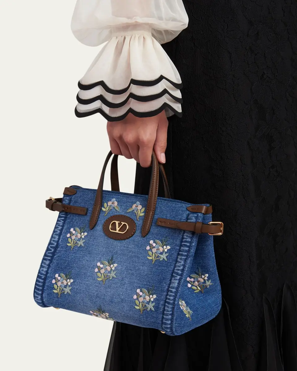 Valentino Garavani Antibes Small Floral-Embroidered Denim Tote Bag | Thumbnail 2