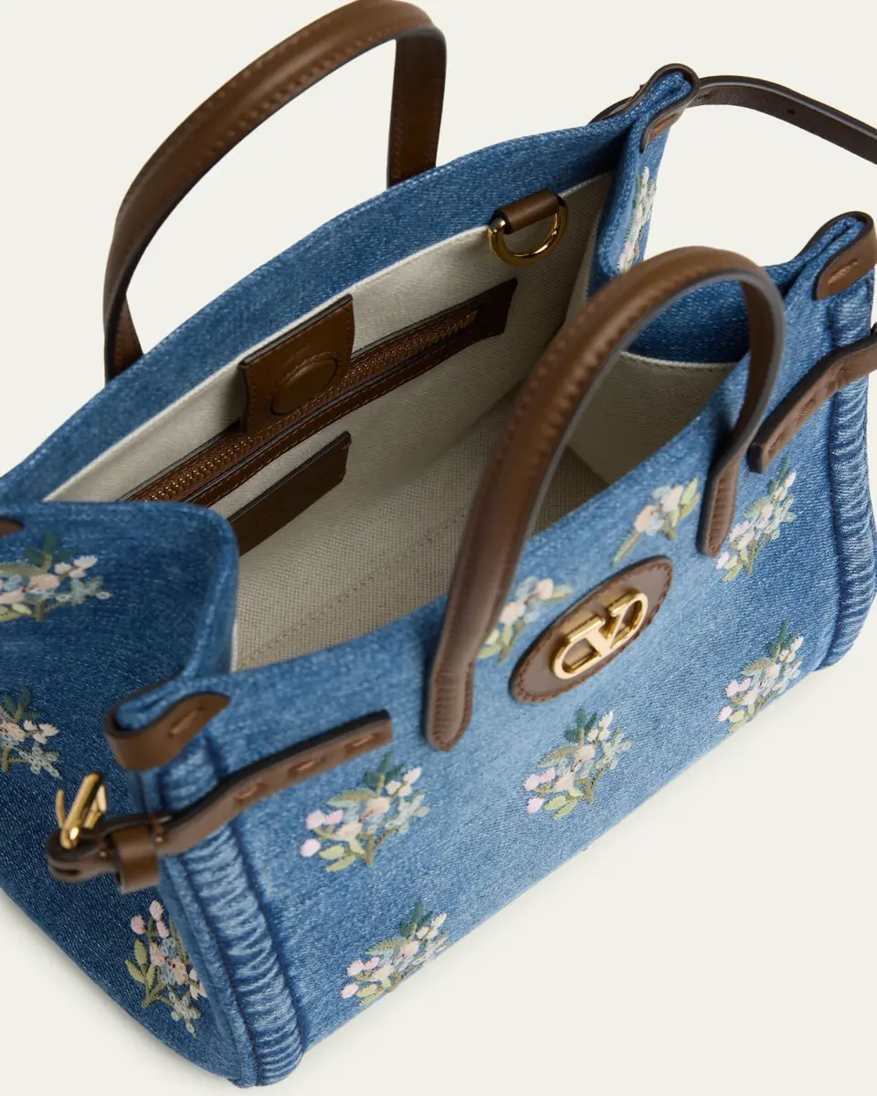 Valentino Garavani Antibes Small Floral-Embroidered Denim Tote Bag | Thumbnail 4