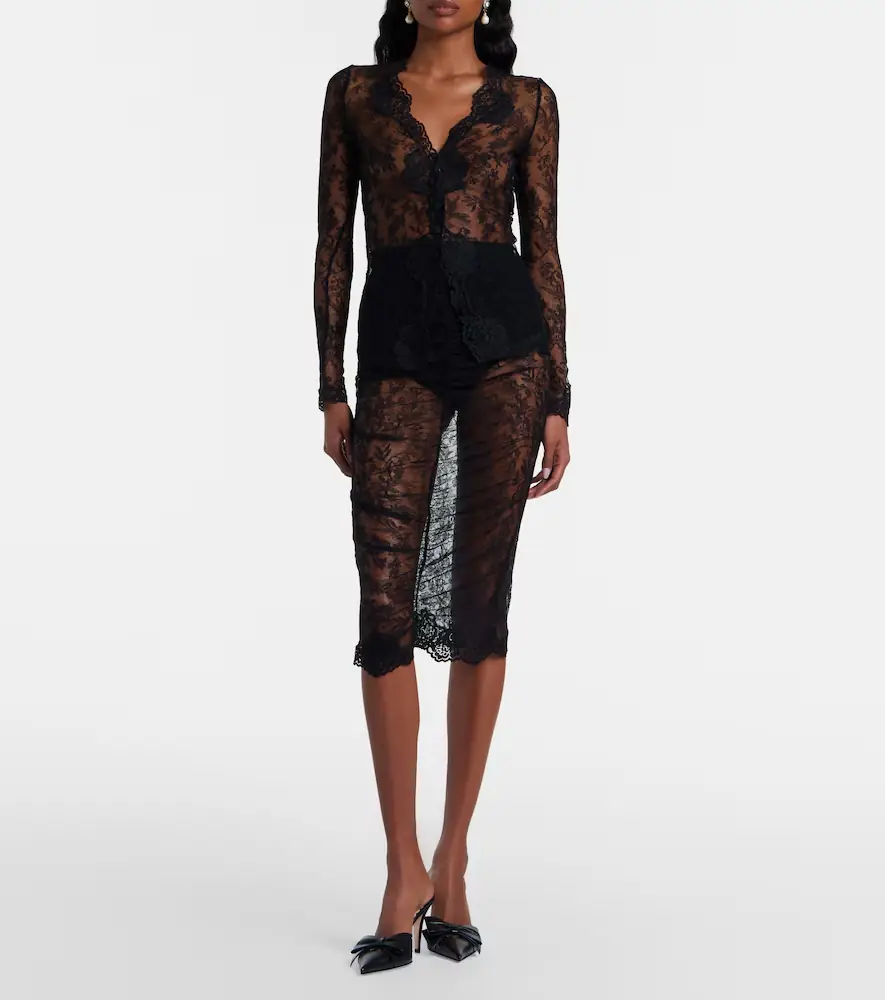 Valentino Floral ruched sheer lace midi skirt | Thumbnail 2 Valentino Floral ruched sheer lace midi skirt | Thumbnail 2