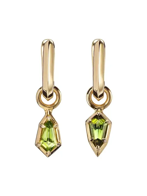 Knife Edge Shield 14kt gold hoop earrings with green tourmaline