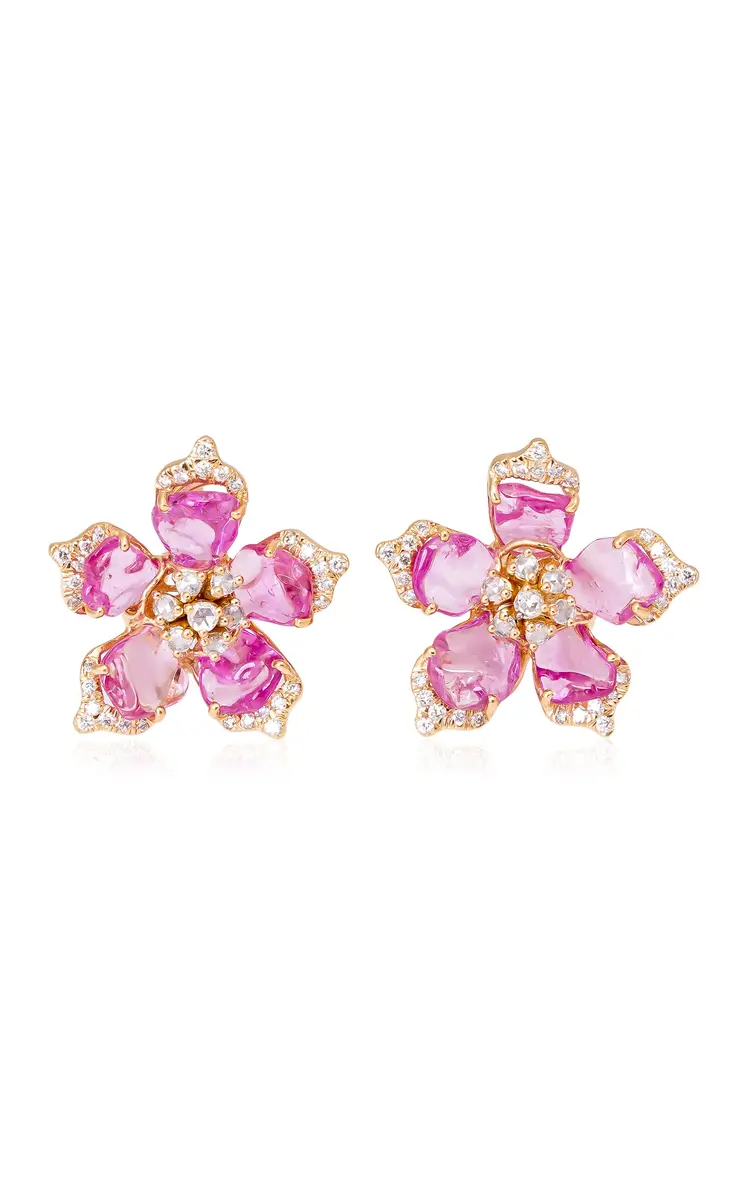 18K Yellow Gold Pink Sapphire Earrings with Diamonds