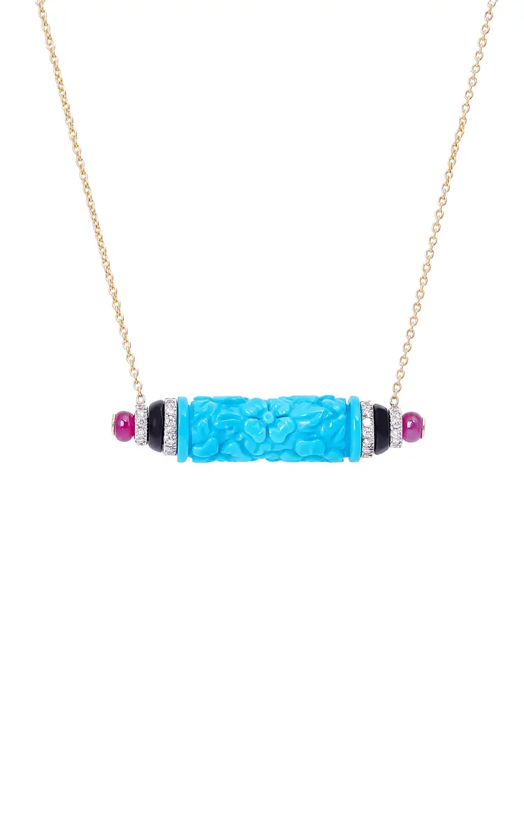 18K Yellow Gold Turquoise Pendant with Diamonds; Rubies and Onyx