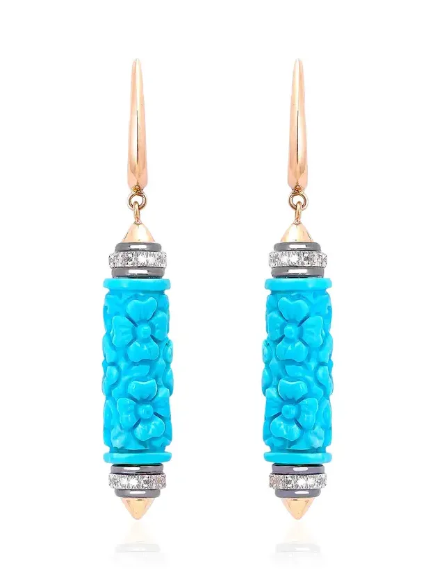 18K Yellow Gold Turquoise Earrings with Diamonds