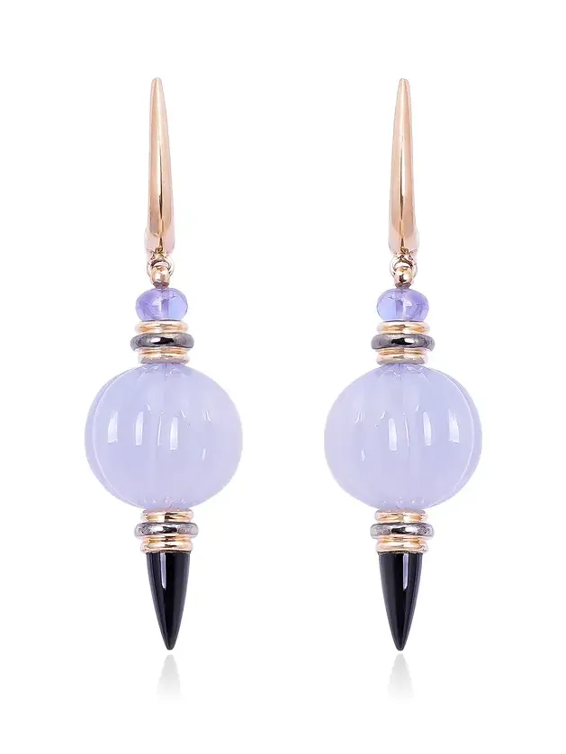 18K Yellow Gold Chalcedony Earrings with Onyx and Tanzanite 18K Yellow Gold Chalcedony Earrings with Onyx and Tanzanite