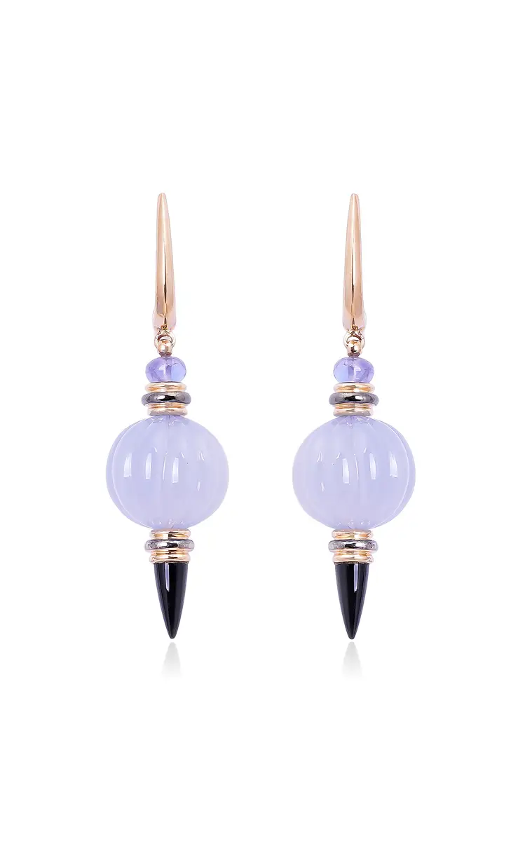 18K Yellow Gold Chalcedony Earrings with Onyx and Tanzanite