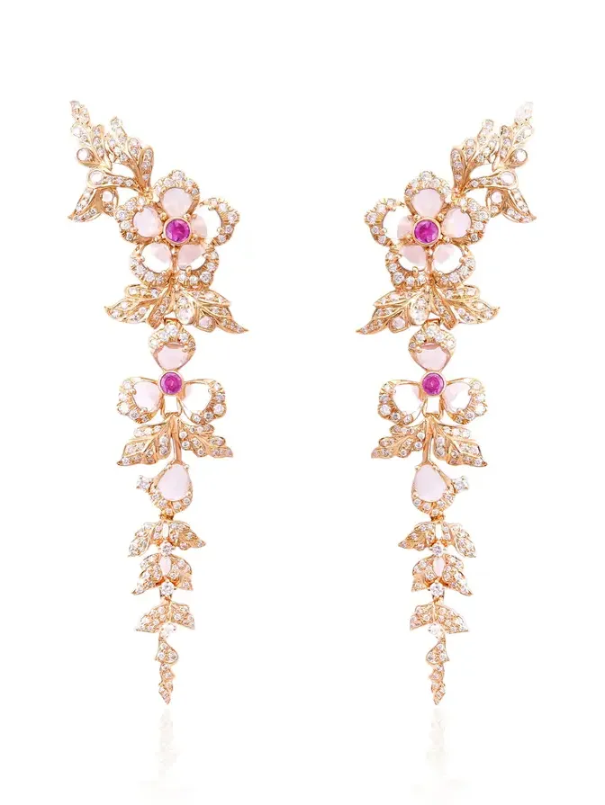 18K Yellow Gold Diamond Earrings with Pink Sapphire 18K Yellow Gold Diamond Earrings with Pink Sapphire