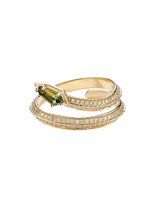 Shield Serpent 14kt gold ring with diamonds and green tourmaline