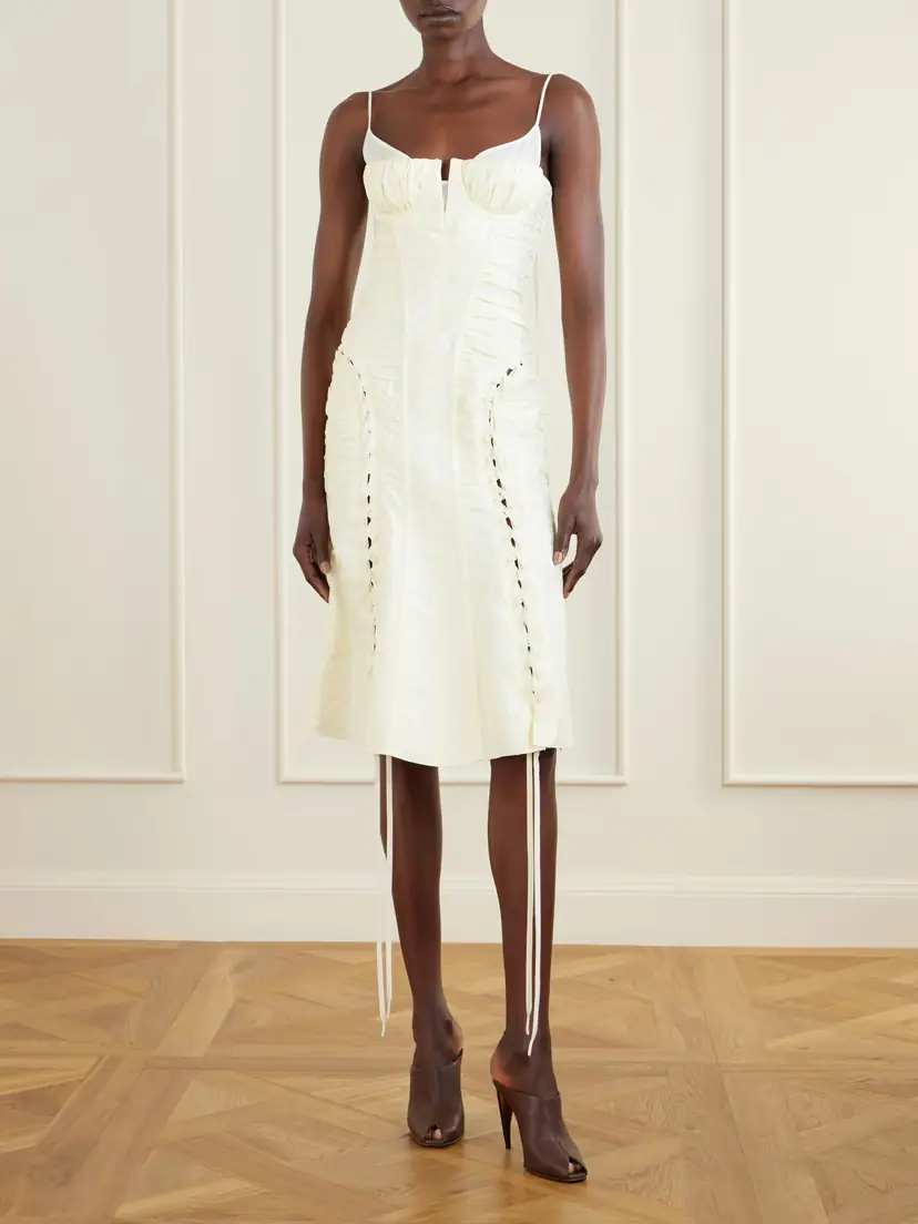 Alexander McQueen Pleated Paneled Satin Brocade Midi Dress | Thumbnail 2