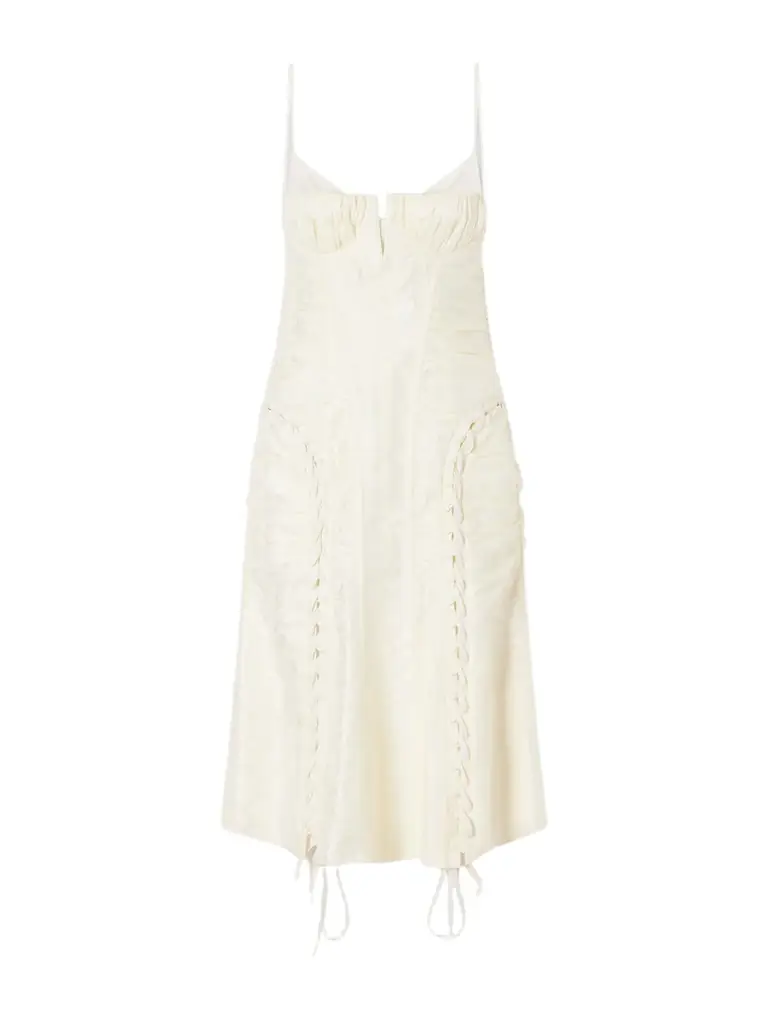 McQueen Pleated Paneled Satin Brocade Midi Dress | Image 1 McQueen Pleated Paneled Satin Brocade Midi Dress | Image 1
