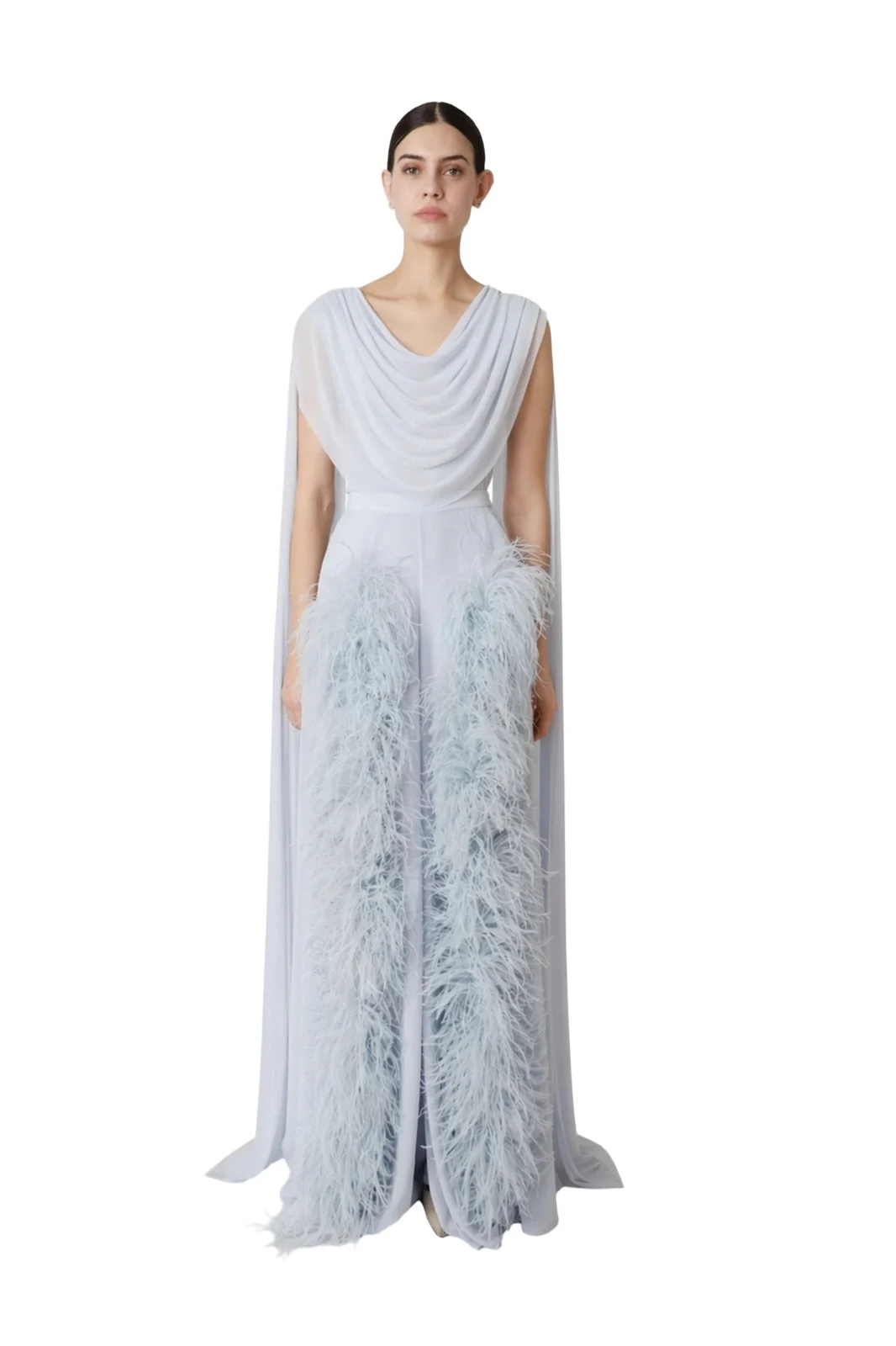 Lightweight Georgette Wide Leg Pant With Feathers Lightweight Georgette Wide Leg Pant With Feathers