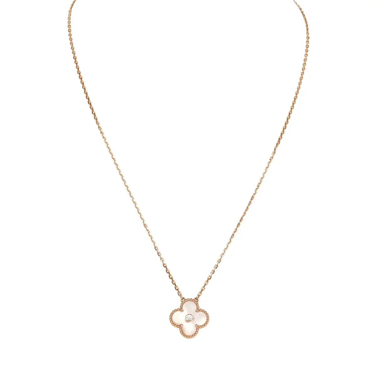 Van Cleef & Arpels Van Cleef & Arpels 2025 Holiday Vintage Alhambra Pendant Necklace Pink Mother Of Pearl 18K Rose Gold Hardware & Diamonds | Image 1 Van Cleef & Arpels Van Cleef & Arpels 2025 Holiday Vintage Alhambra Pendant Necklace Pink Mother Of Pearl 18K Rose Gold Hardware & Diamonds | Image 1