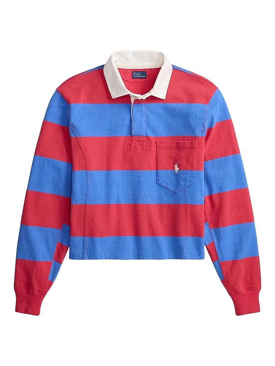 Polo Ralph Lauren Women's Striped Cotton Rugby Shirt - Sunset Red Greenwich Blue | Image 1 Polo Ralph Lauren Women's Striped Cotton Rugby Shirt - Sunset Red Greenwich Blue | Image 1