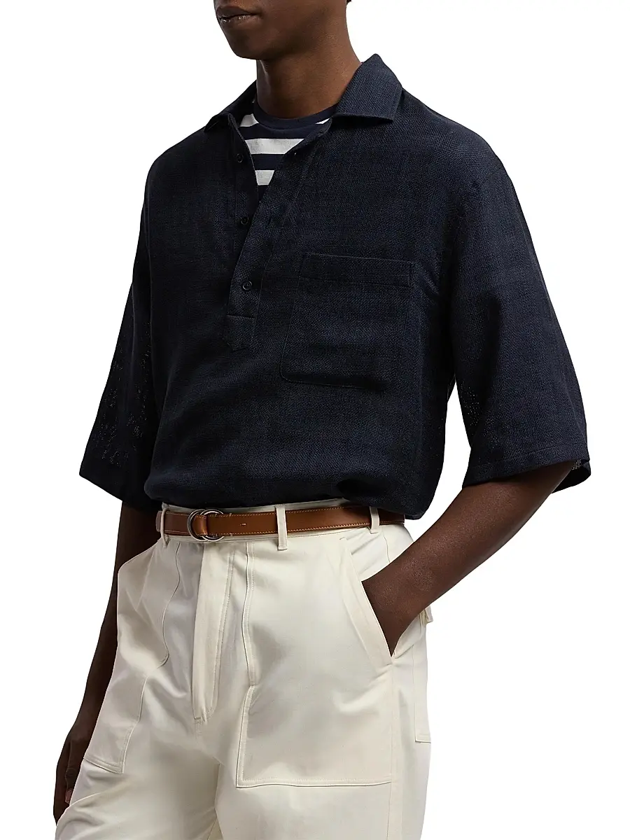 Ralph Lauren Purple Label Men's Basket-Weave Linen-Blend Short-Sleeve Sport Shirt | Thumbnail 4 Ralph Lauren Purple Label Men's Basket-Weave Linen-Blend Short-Sleeve Sport Shirt | Thumbnail 4