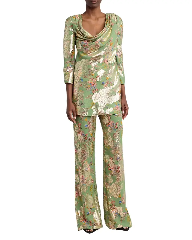 Metallic Floral Jacquard Straight-Leg Pants