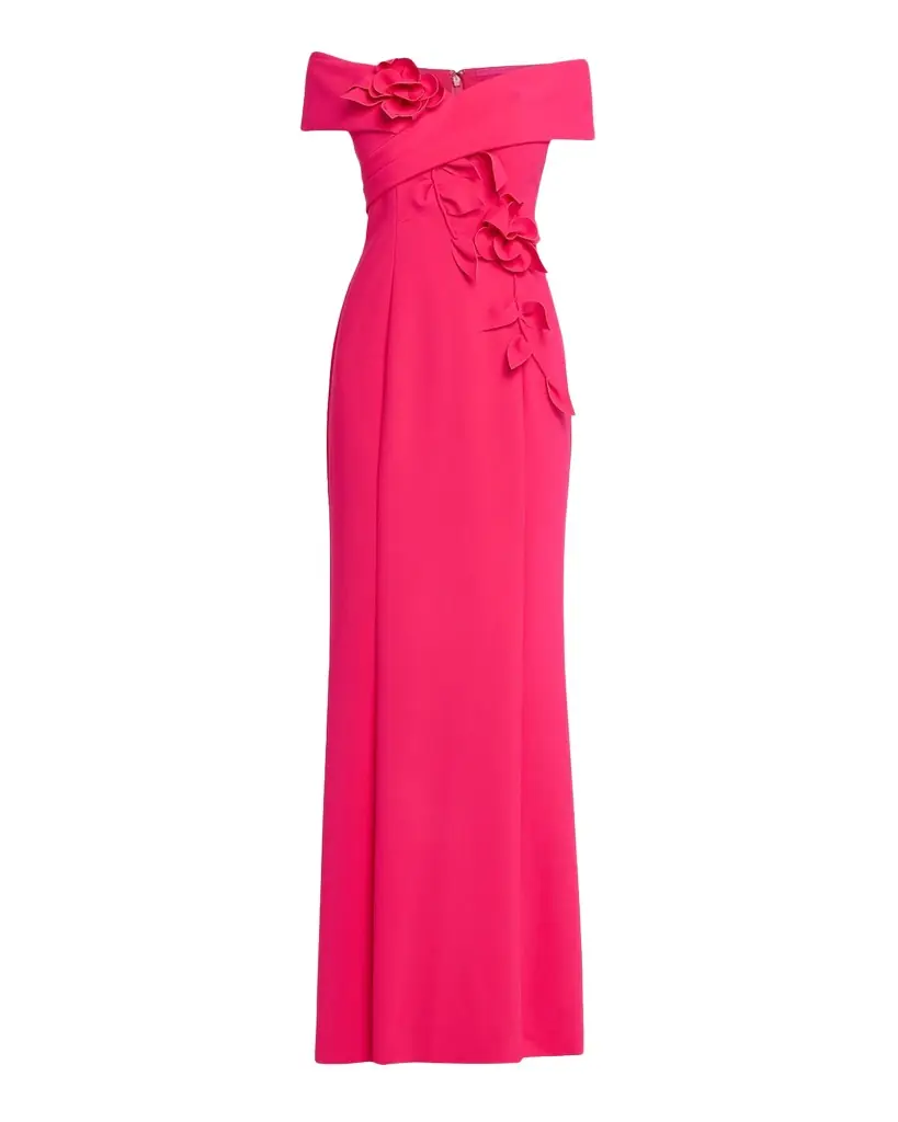 Rickie Freeman for Teri Jon Off-Shoulder Floral Applique Scuba Gown | Image 1 Rickie Freeman for Teri Jon Off-Shoulder Floral Applique Scuba Gown | Image 1