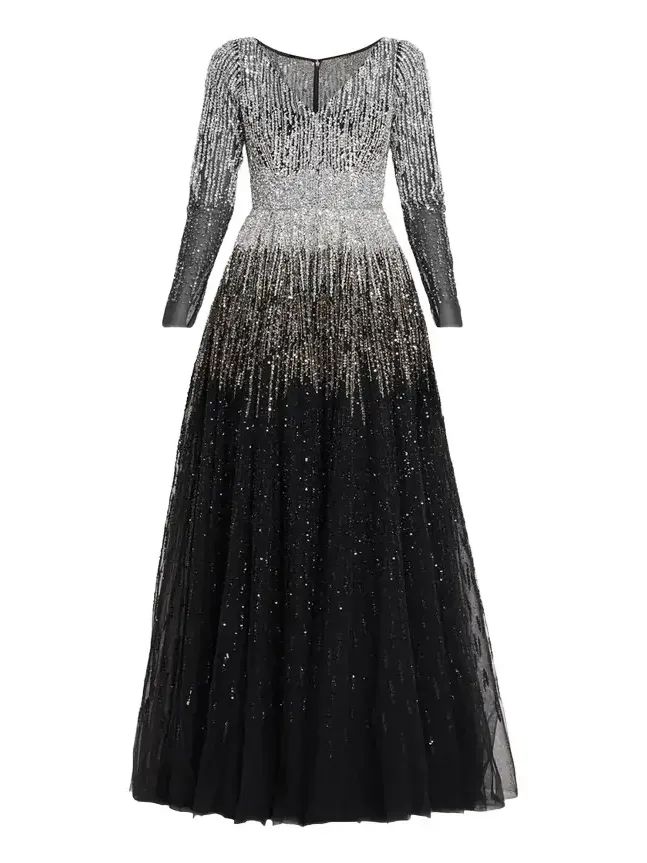 Ombre Embroidered Tulle Long-Sleeve Gown