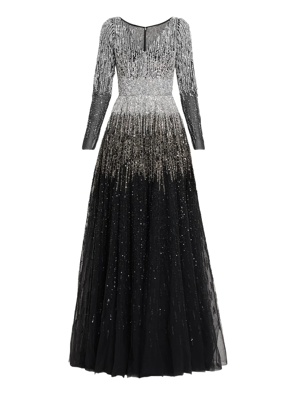 Ombre Embroidered Tulle Long-Sleeve Gown