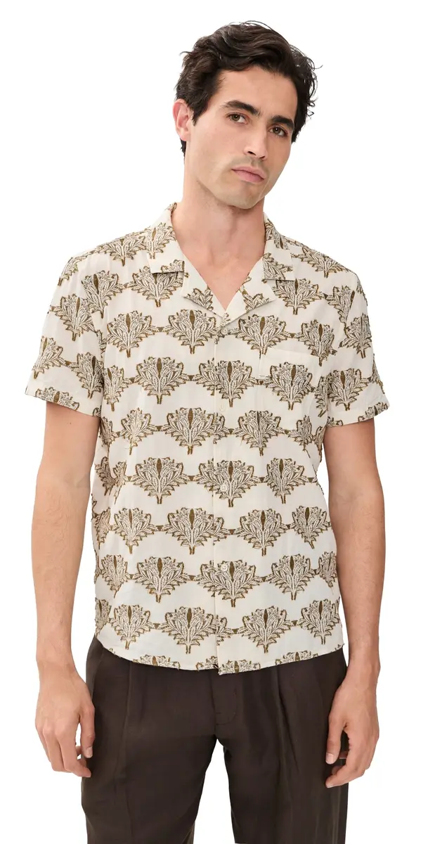 Billy Reid Short Sleeve Botanical Jacquard Camp Shirt Tinted White/Olive | Image 1 Billy Reid Short Sleeve Botanical Jacquard Camp Shirt Tinted White/Olive | Image 1