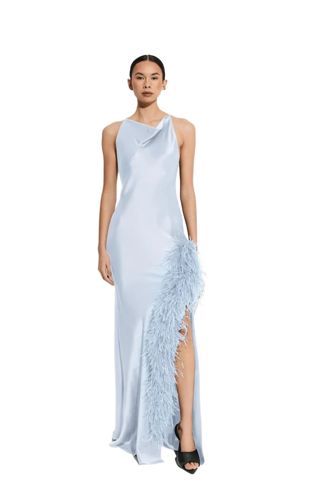 Satin Halter Gown With Feathers Satin Halter Gown With Feathers